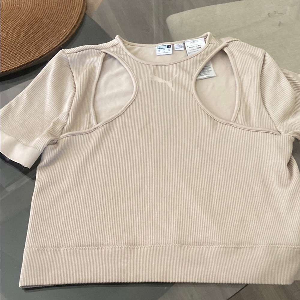 Puma Beige Ribbed Short Sleeve Top with Shoulder Cutouts
